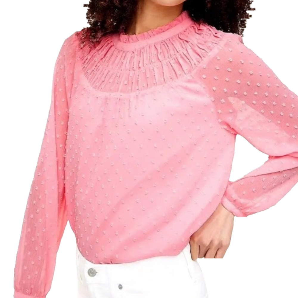 J. Crew Pink Smocked Bib Collar Blouse long sleeve size XL GUC..